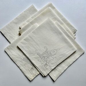 Mid 20th Century Off White Linen & Cotton Dining Napkins With Cut Work